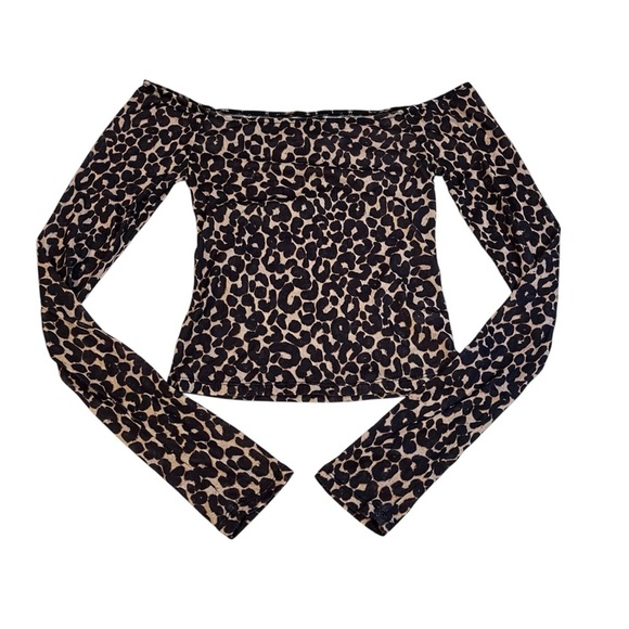 cheetah print brown long sleeve off shoulder mesh top y2k fall vintage animal - Picture 1 of 8